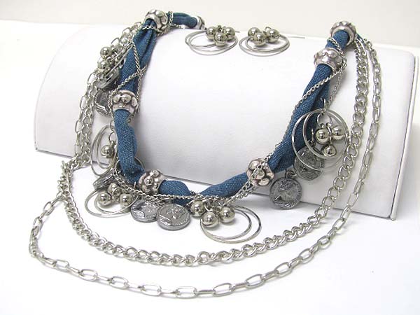 Multi charm dangle denim and metal long chain necklace earring set