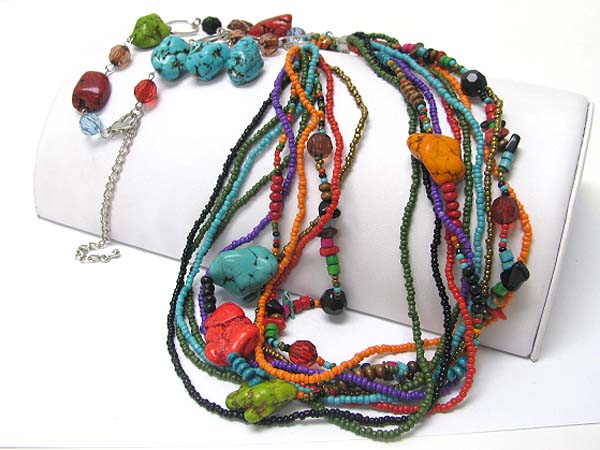 Turquoise stone and multi line mixed bead long neckalce earring set