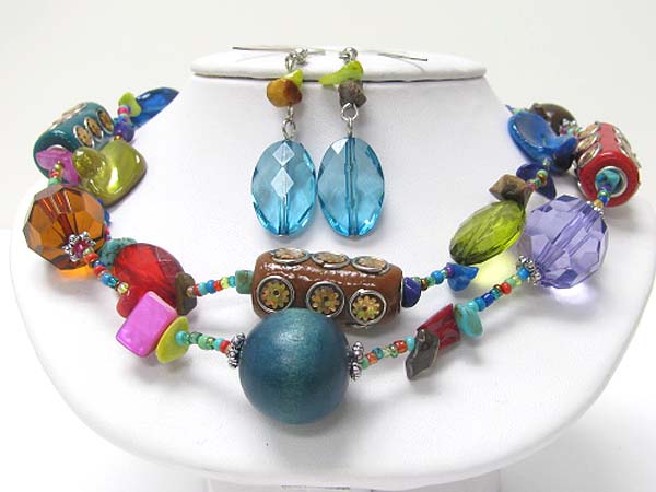 Double row wood ball and mixed ceramic and glass part link necklace earring set