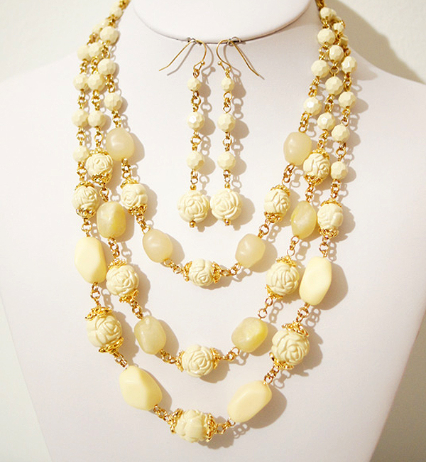 Three layer carved flower beads necklace earring set