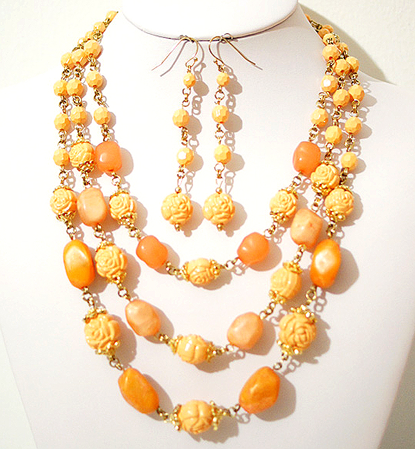 Three layer carved flower beads necklace earring set