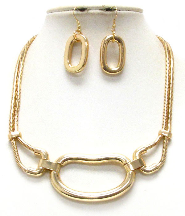 Natural shape metal oval and double snake chain necklace earring set