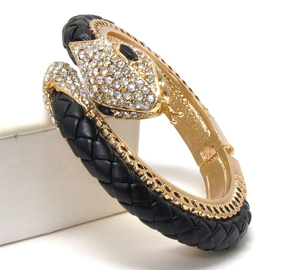 Crystal snake head and leatherette body bangle bracelet