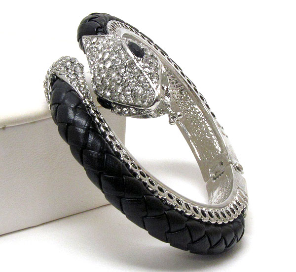 Crystal snake head and leatherette body bangle bracelet