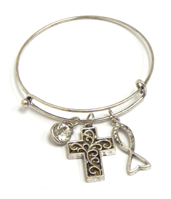 Religious theme cross charm adjustable wire bangle bracelet