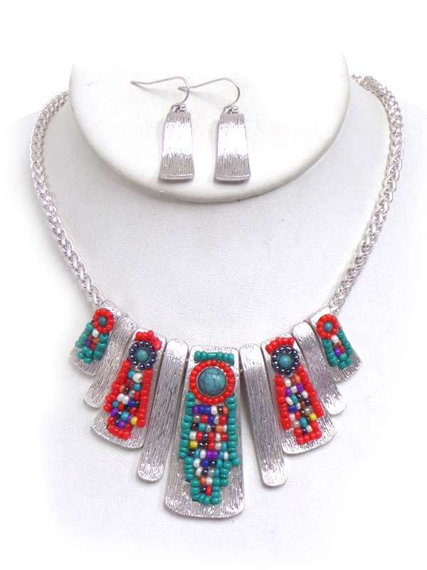 Seed bead and scratch bar tribal necklace set