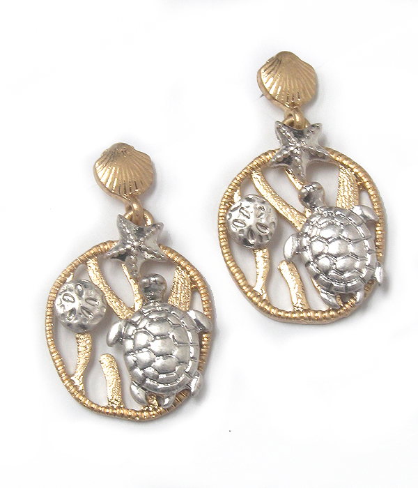 Two tone metal sealife theme earring - turtle