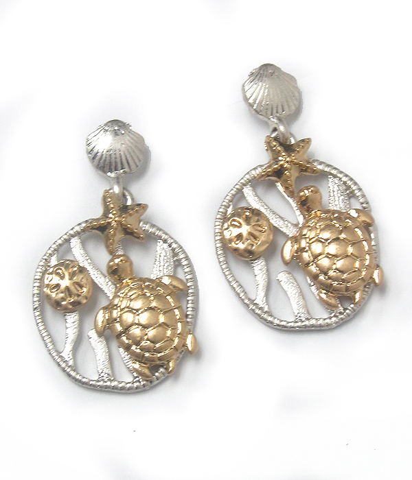 Two tone metal sealife theme earring - turtle