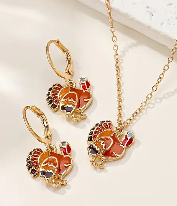 Thanksgiving theme turkey necklace and earring set