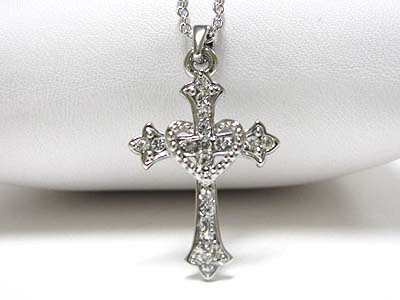 Made in korea whitegold plating crystal heart and cross pendant necklace