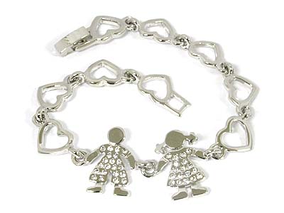 Crystal boy and girl heart link bracelet