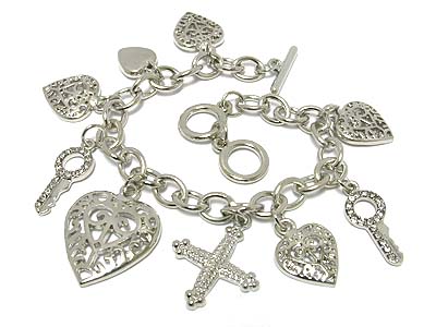 Multi casting heart and crystal key charm toggle bracelet