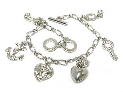 Crystal heart and multi charm toggle bracelet