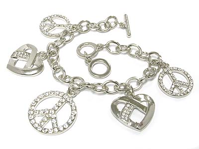 Crystal multi peace and heart charm toggle bracelet