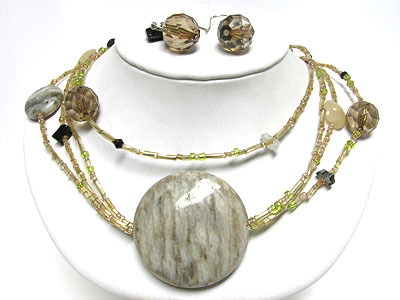 Round cut natural stone and seed bead multi chain necklace set