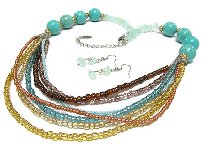 Turquoise ball and seed bead necklace set