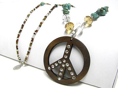 Wooden peace and crystal pendant and seed bead long necklace