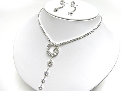 Crystal round pendant linear y drop rhinestone necklace and earring set