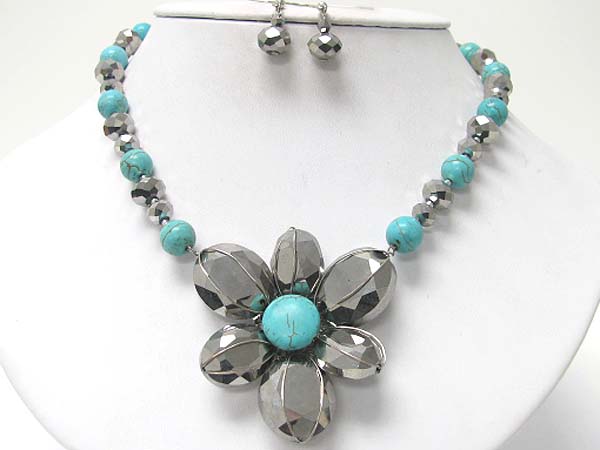 Turquoise stone and metallic beads flower pendant necklace erring set