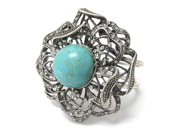 Turquoise stone and crystal deco metla flower hinge bangle