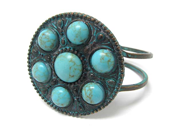 Turquoise stone and round patina hinge bangle