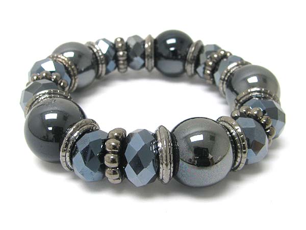 Metallic ball and facet glass beads stretch bracelet