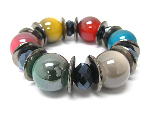 Metallic ball and facet glass beads stretch bracelet