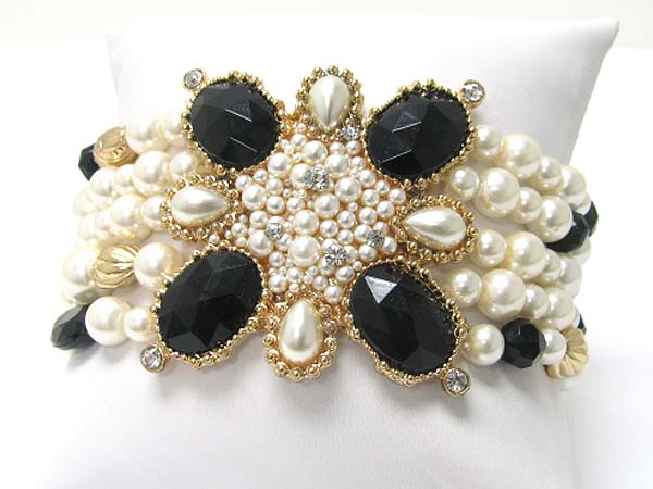 Crystal and facet acryl stone and pearl beads flower top five row beads stretch bracelet