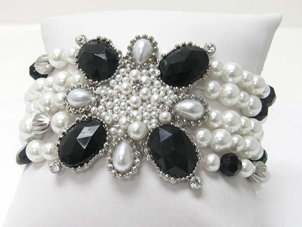 Crystal and facet acryl stone and pearl beads flower top five row beads stretch bracelet