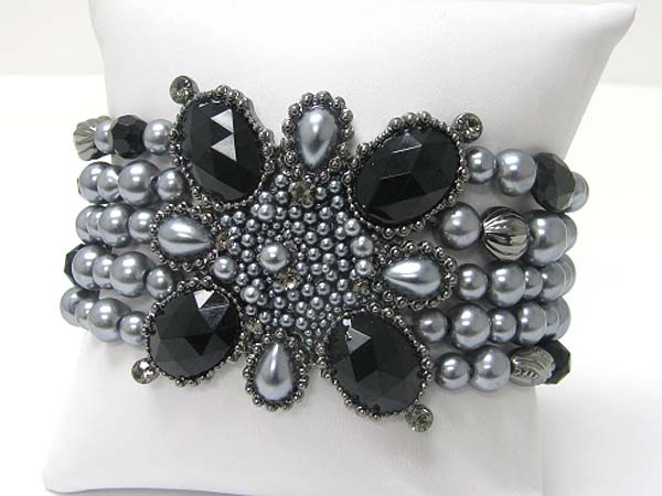 Crystal and facet acryl stone and pearl beads flower top five row beads stretch bracelet