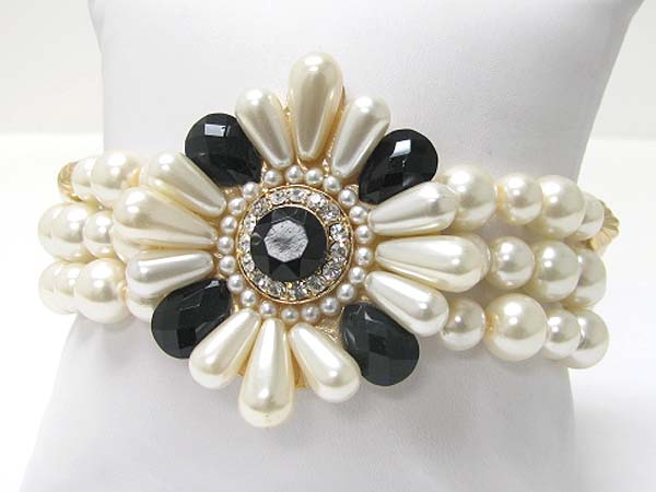 Crystal and facet acryl stone and pearl beads flower top five row beads stretch bracelet