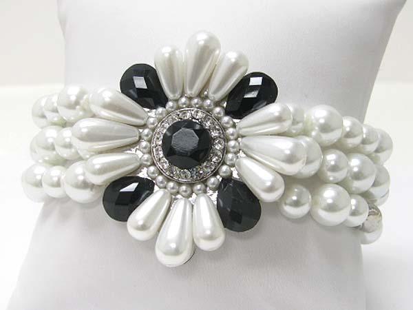 Crystal and facet acryl stone and pearl beads flower top five row beads stretch bracelet