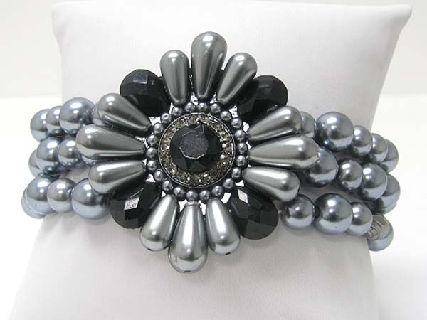 Crystal and facet acryl stone and pearl beads flower top five row beads stretch bracelet