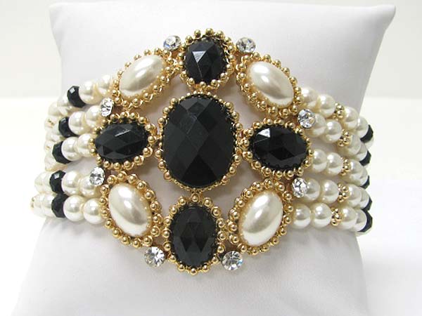 Crystal and facet acryl stone and pearl beads flower top five row beads stretch bracelet