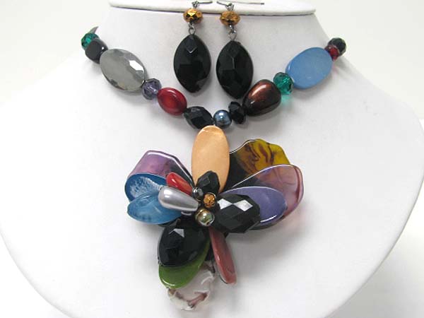 Acryl resin and shell mixed disk flower pendant beads neckalce earring set