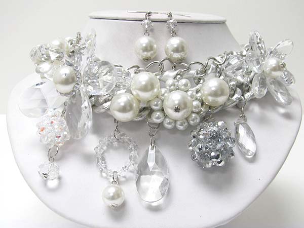 Pearl and glass stone deco flower and dangle neckalce earring set