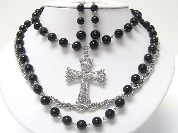 Metal filigree cross pendant double layer acryl ball necklace earring set