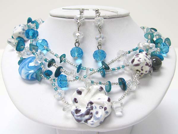 Multi row ceramic flower and see shell necklace earring set