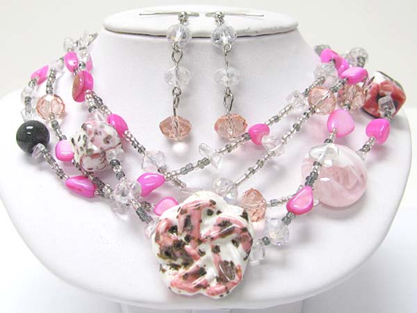 Multi row ceramic flower and see shell necklace earring set