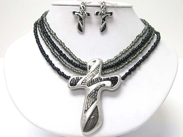 Seed beads and metal art cross pendant multi row seed necklae earring set