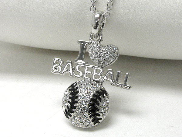 Made in korea whitegold plating crystal stud i love baseball pendant necklace