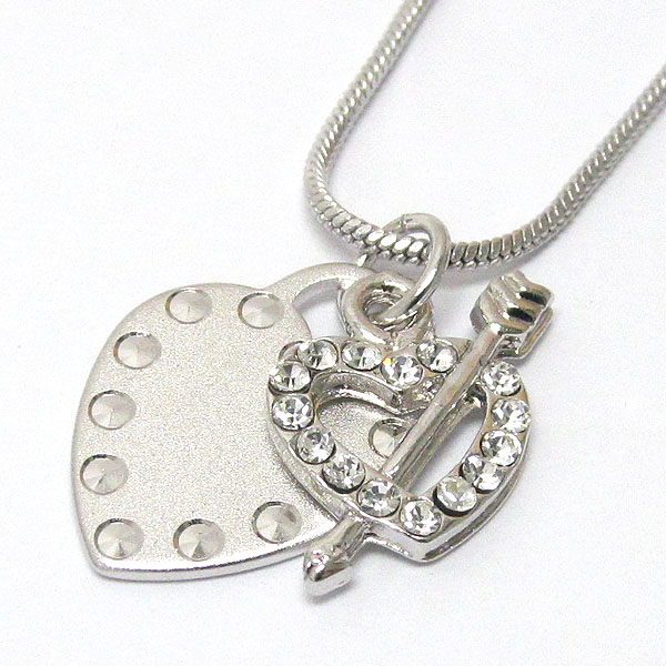 Made in korea whitegold plating crystal stud dual heart pendant necklace