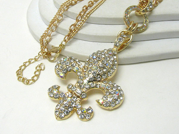 Oversize crystal stud fleur de lis pendant long necklace