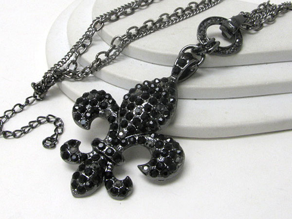 Oversize crystal stud fleur de lis pendant long necklace