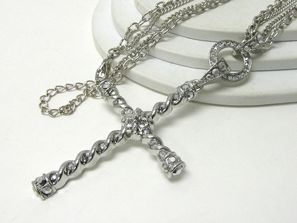 Oversize crystal stud cross pendant long necklace