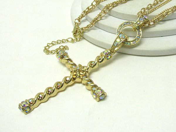 Oversize crystal stud cross pendant long necklace