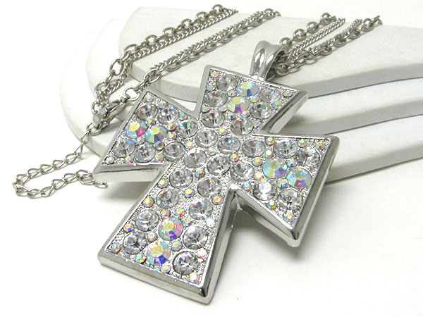 Oversize crystal stud cross pendant long necklace