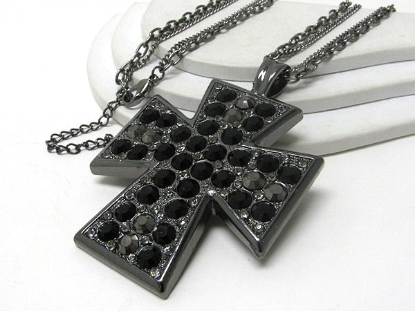 Oversize crystal stud cross pendant long necklace