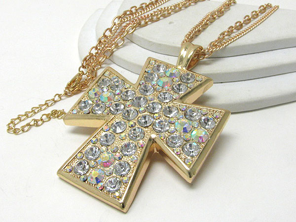 Oversize crystal stud cross pendant long necklace