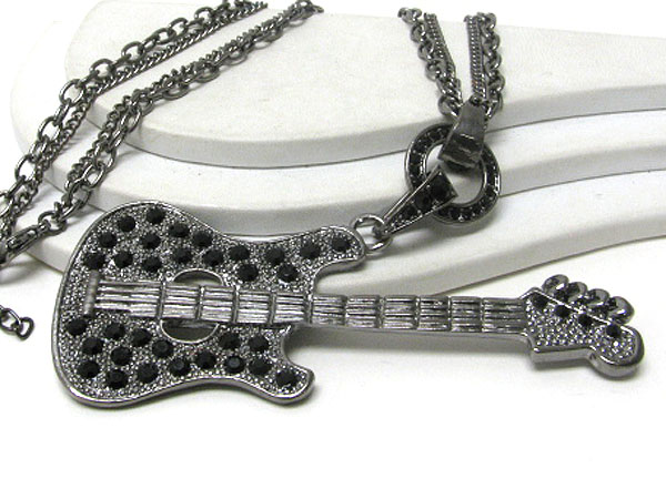 Oversize crystal stud rock guitar pendant long necklace